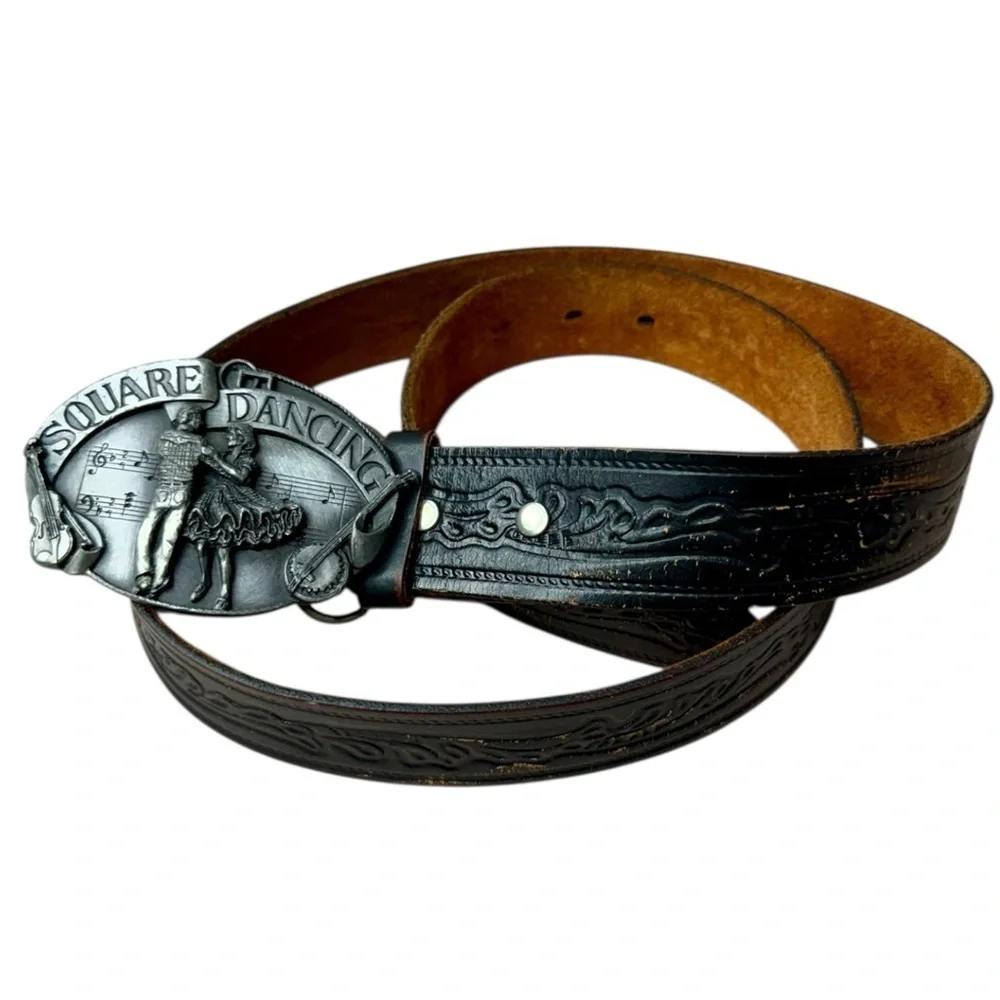 Vintage Siskiyou Black Distressed Leather Belt with Pewter Square Dancing Buckle